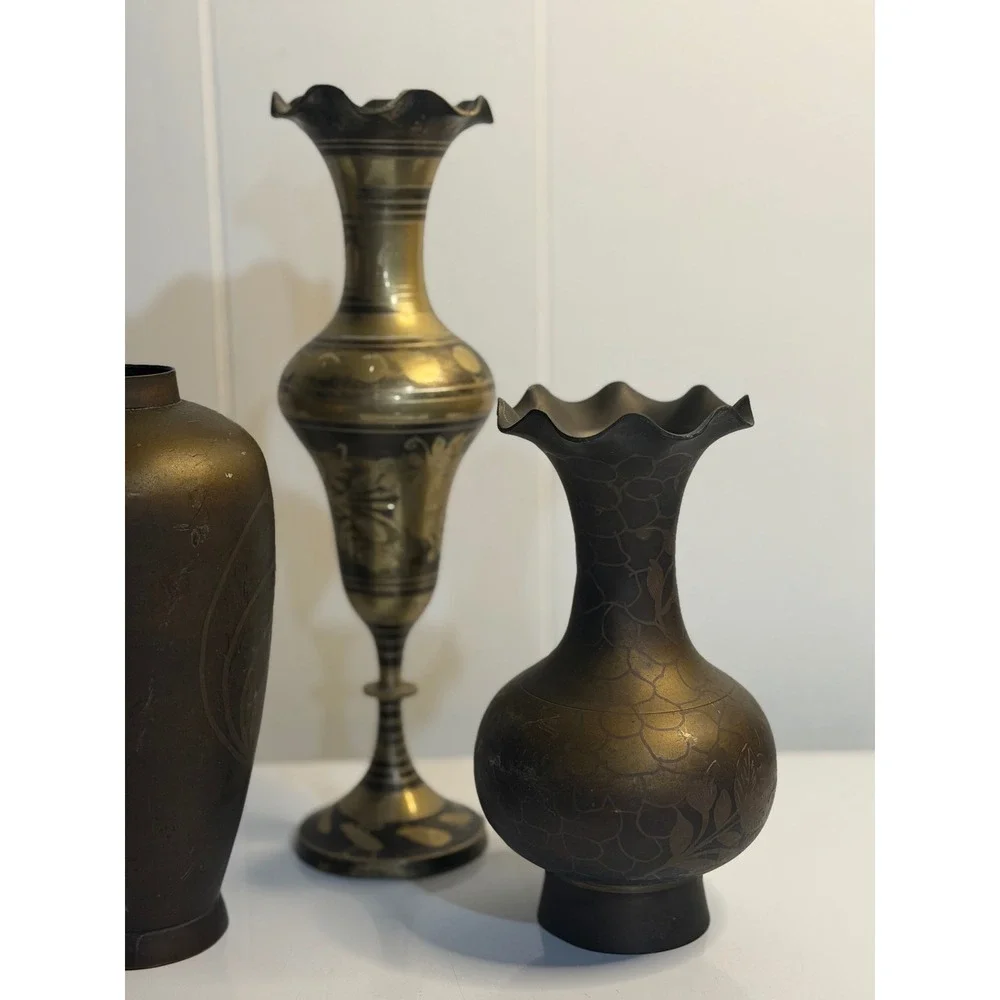 VTG Etched Brass Vase Trio Gold Black Floral‎ Ruffled Bud Decorative India Set
